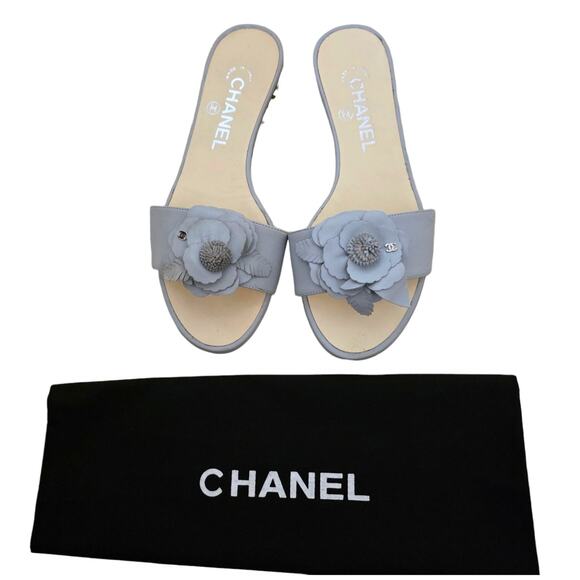 CHANEL Shoes - Chanel Blue Gray Leather CC Logo Camellia Flat Slide Sandals IT 36 US 5.5
